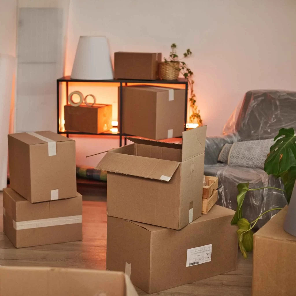 Wohnraum mit zahlreichen Kartons und teils abgedeckten Möbeln – Hausrat für Entrümpelung und Abtransport vorbereitet.