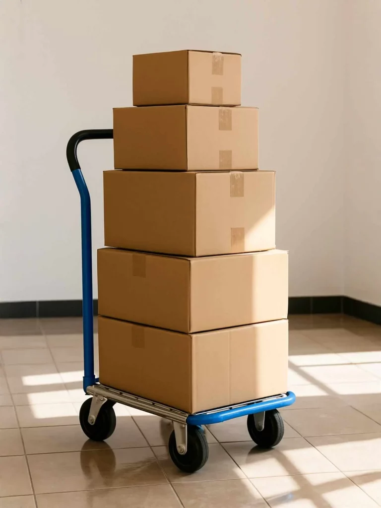 Trolley mit gestapelten Kartons in leerem Raum – Gegenstände sind für Abtransport, Verwertung und fachgerechte Entsorgung vorbereitet.