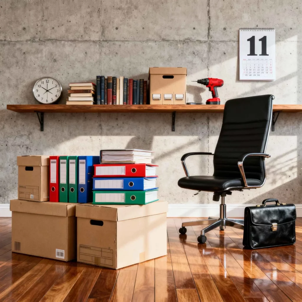 Büroauflösung: Kartons und Aktenordner gestapelt neben Bürostuhl; Regal mit Büchern – Inventar verpackt und abholbereit.