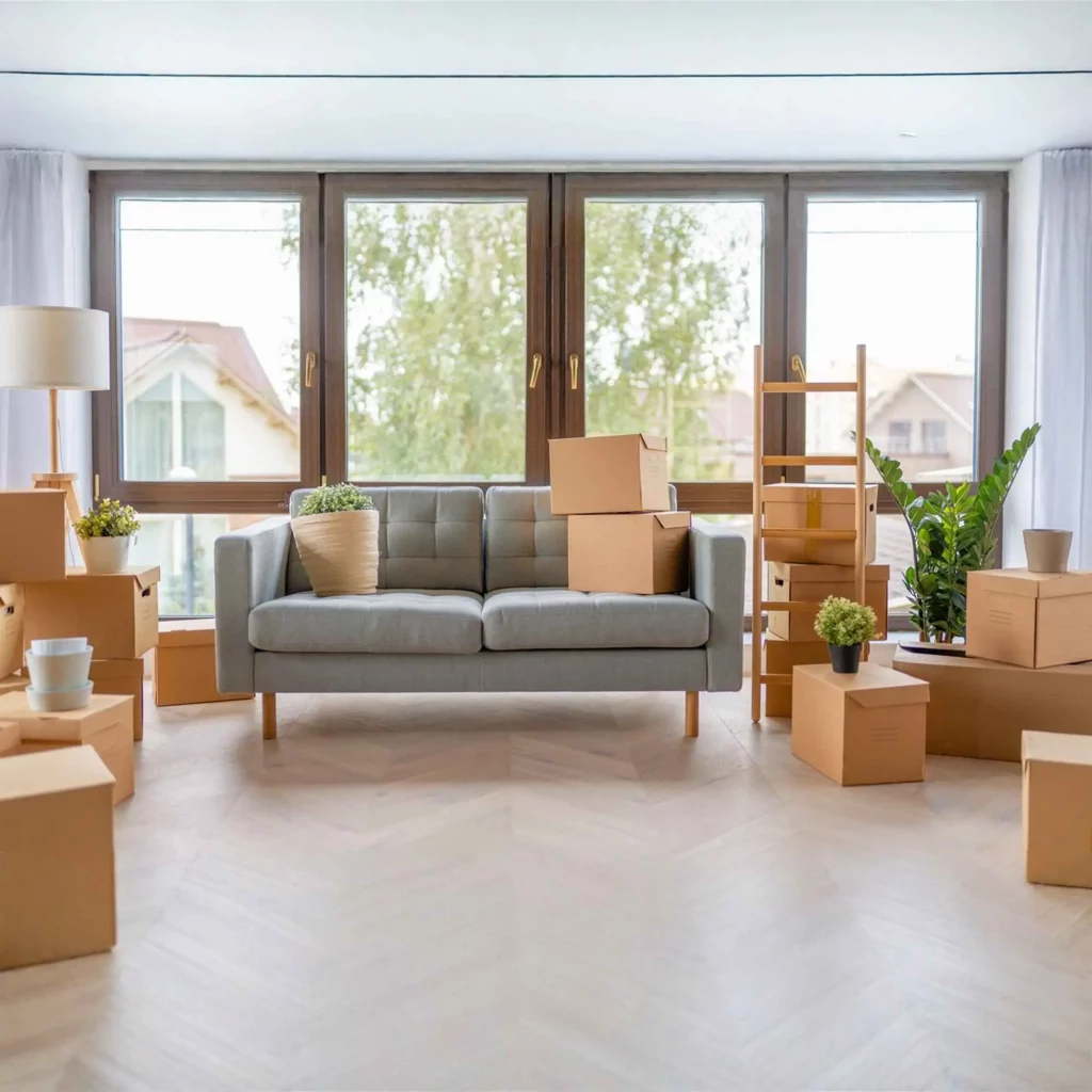 Helles Wohnzimmer mit Sofa, Pflanzen und vielen Kartons – Gegenstände für die Haushaltsauflösung sortiert und verpackt.