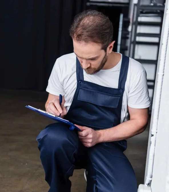 Techniker in blauer Arbeitskleidung kniet im Innenraum und dokumentiert die Besichtigung auf einem Klemmbrett – professioneller, vertrauenswürdiger und diskreter Service.
