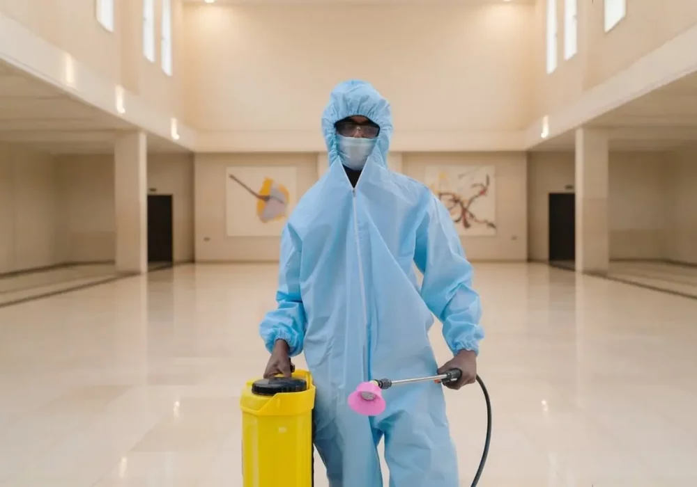 Fachkraft in vollständiger Schutzkleidung mit gelbem Sprühgerät in großer, leerer Halle – Tatortreinigung/Spezialreinigung im Innenraum.